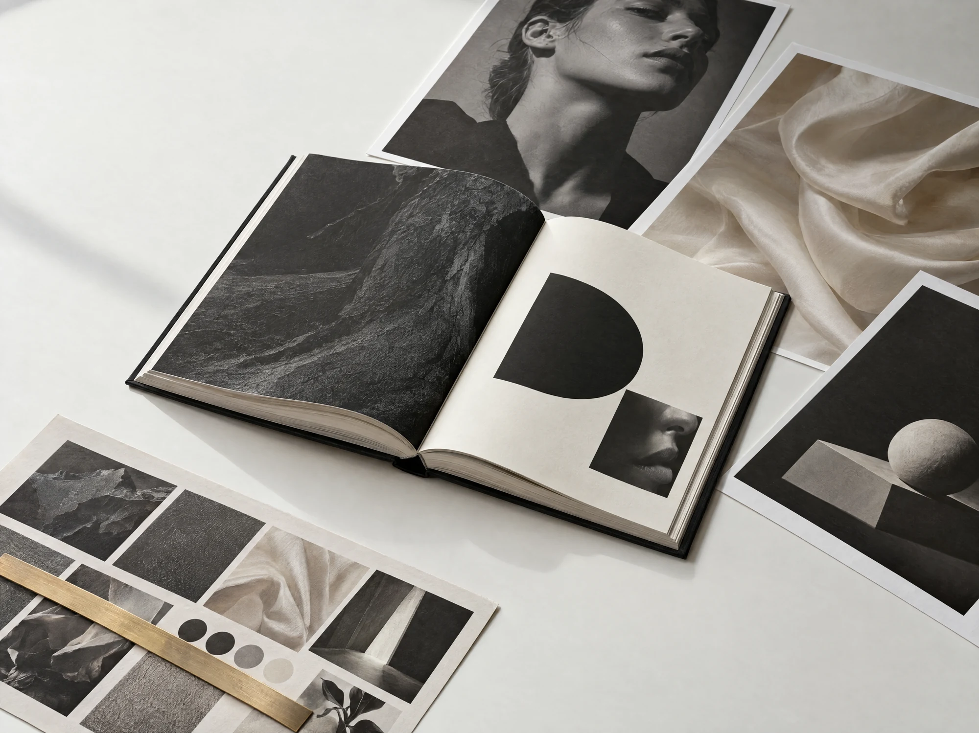 A carefully arranged brand book, campaign photography, and creative direction materials